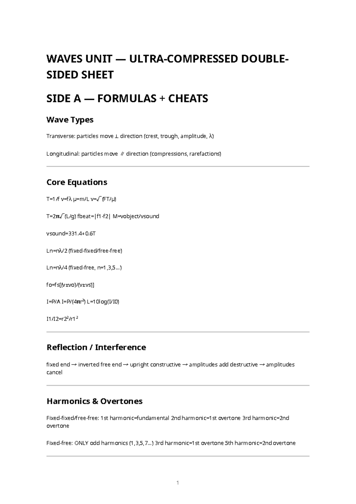 WAVES UNIT CHEAT SHEET: FORMULAS & PRACTICE GUIDE - Studocu