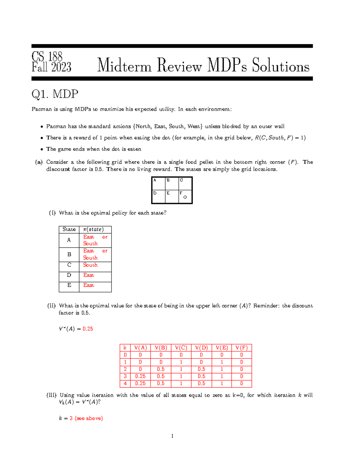 CS 188 - Fall 2023 Midterm MDPs Solutions Review - Studocu