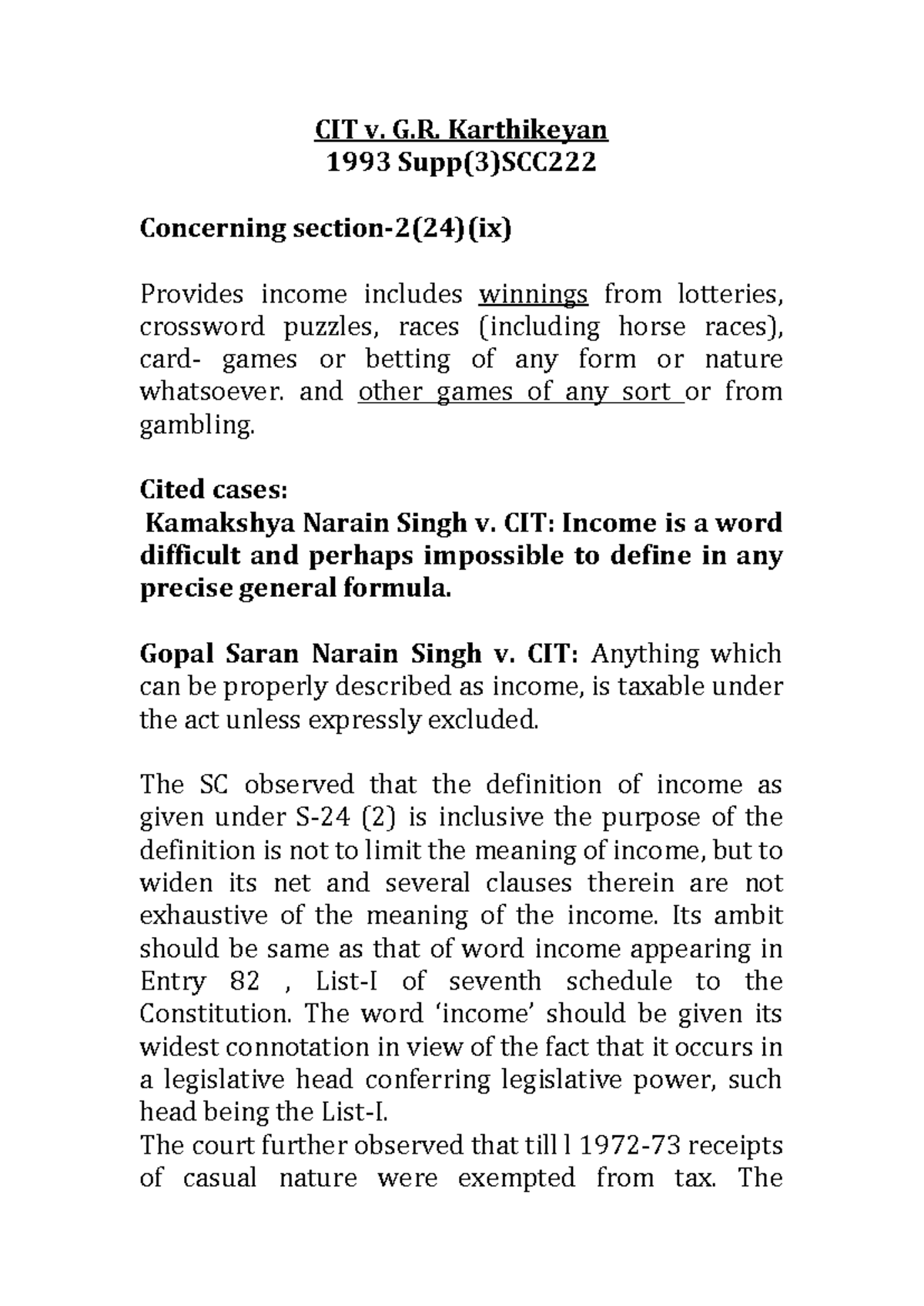 CIT Case Summaries: Income Tax Notes for Final Exam Preparation - Studocu