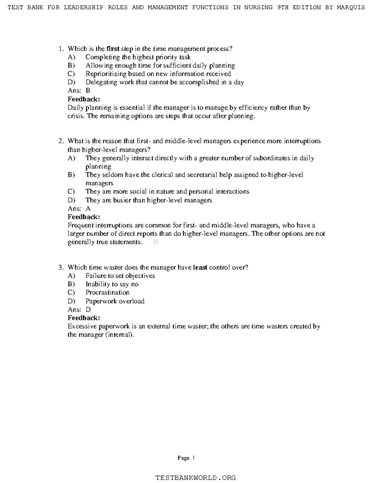 Ch9 Multiple Choice Questions on Time Management Principles - Studocu