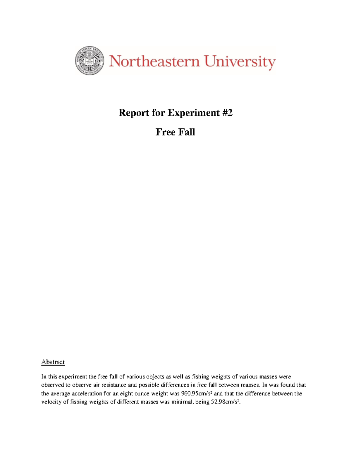 IPL-Lab-Report-2 Free Fall - Report for Experiment # 2 Free Fall ...
