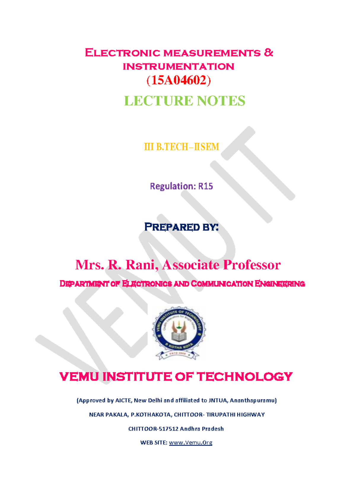 Lecture Notes on Electronic Measurements & Instrumentation (15A04602 ...