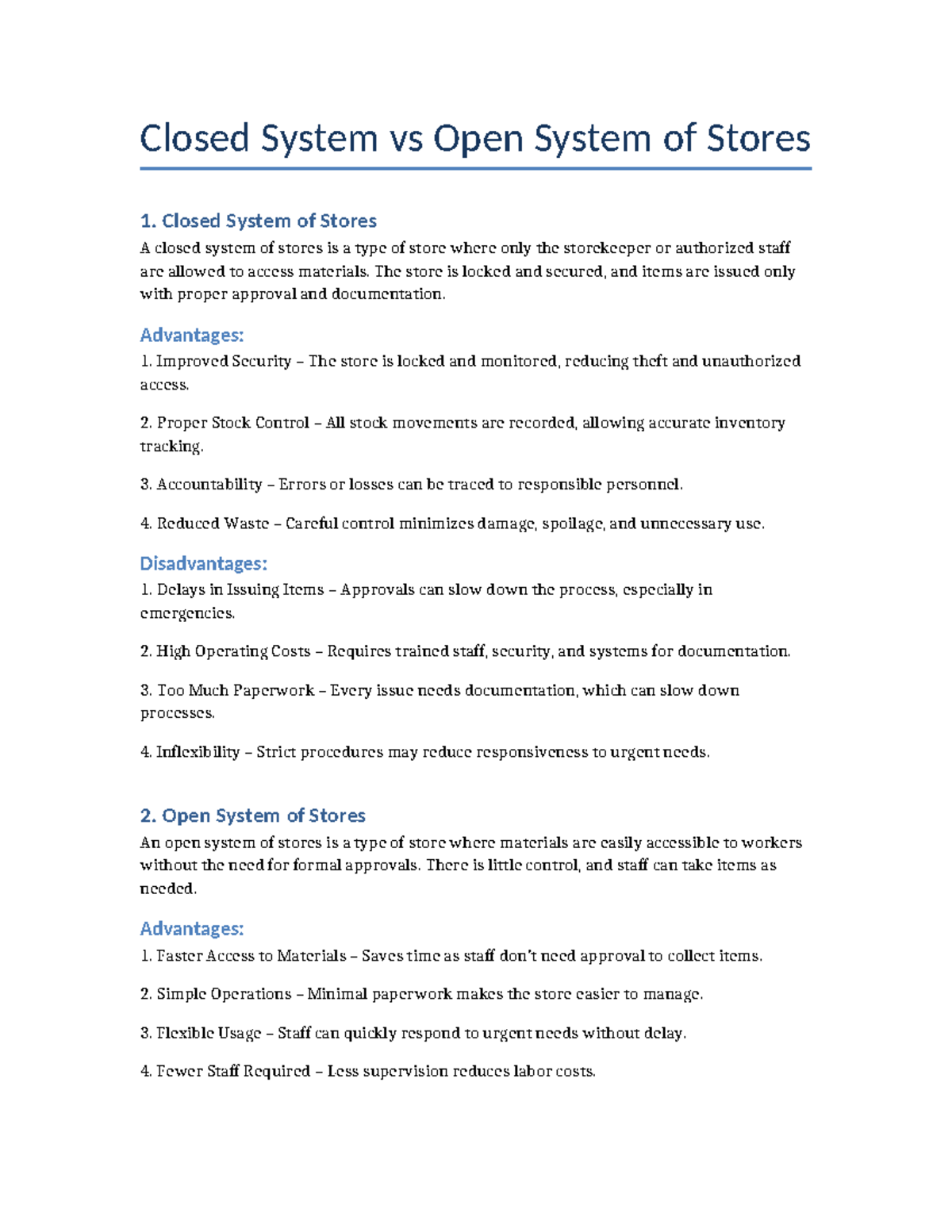 Closed vs Open System of Stores: A Comparative Analysis - Studocu