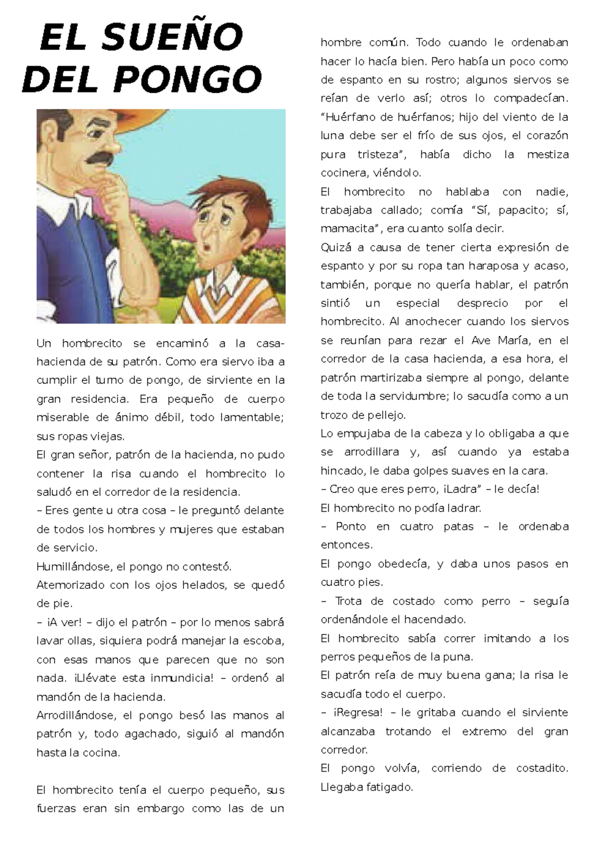 EL Sueño DEL Pongo Actividad - Un hombrecito se encaminó a la casa ...