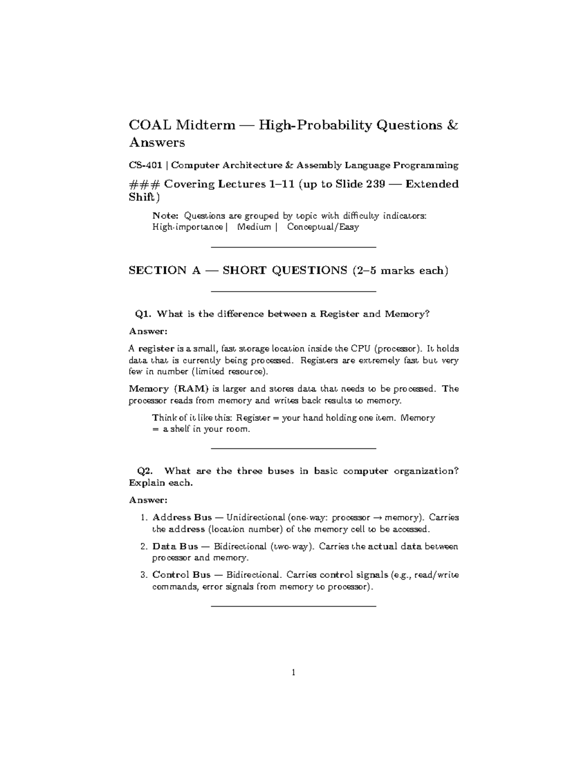 COAL Midterm Exam Q&A: Computer Architecture & Assembly Language - Studocu