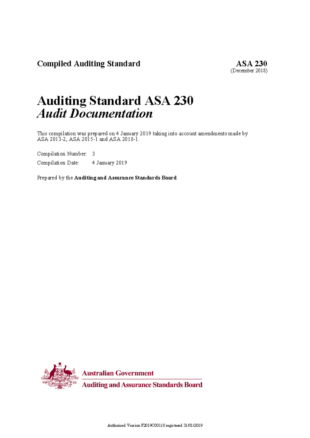ASA 230 Auditing Standard: Compiled Audit Documentation 2019-FRL - Studocu