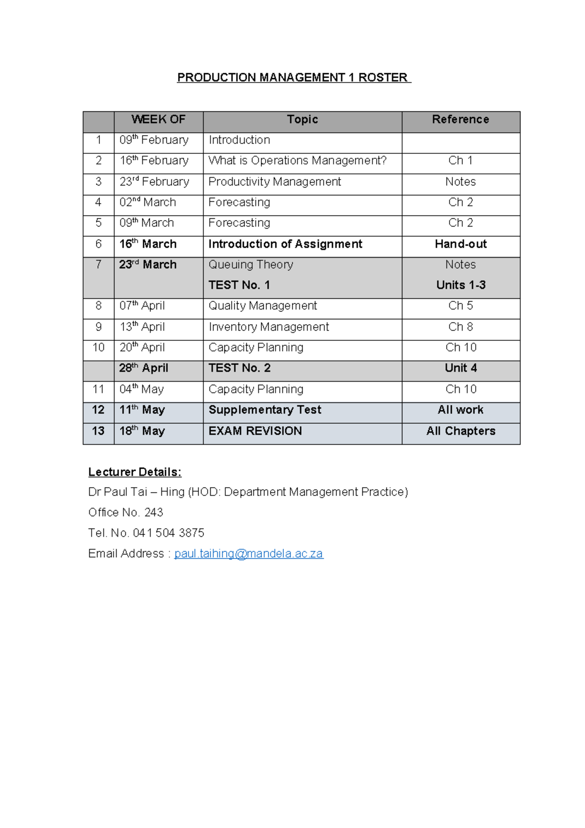 Production Management 1 Roster & Weekly Topics Overview - Studocu