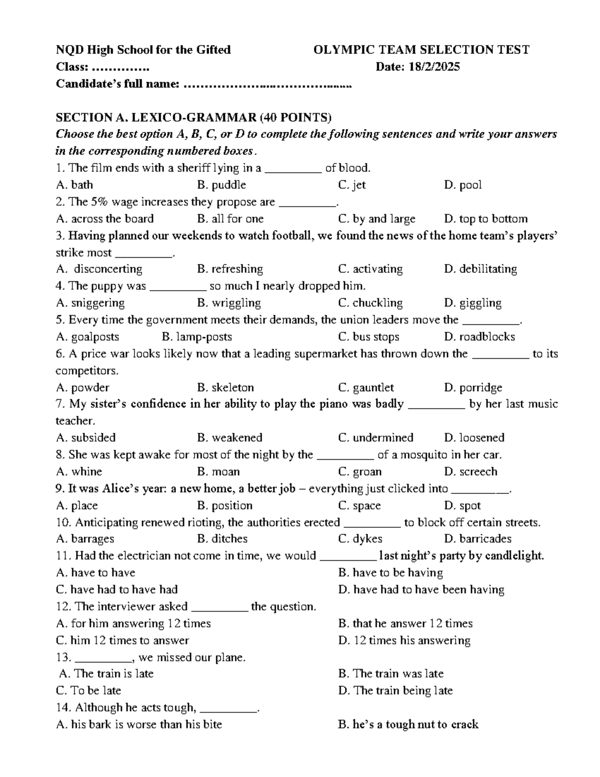 NQD High School Olympic Team Selection Test (NO.2) - Answer Key - Studocu
