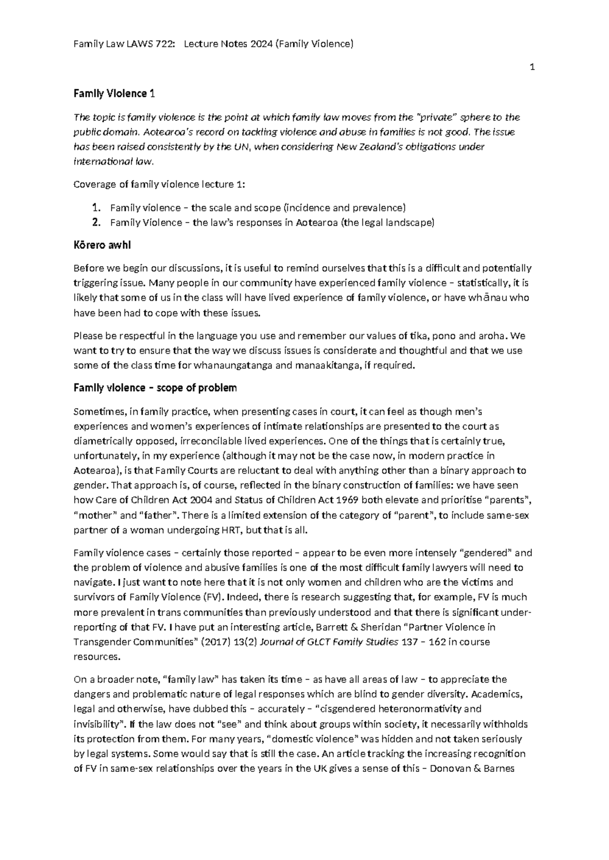 Family Law LAWS 722: Final Exam Lecture Notes on Family Violence 2025 ...