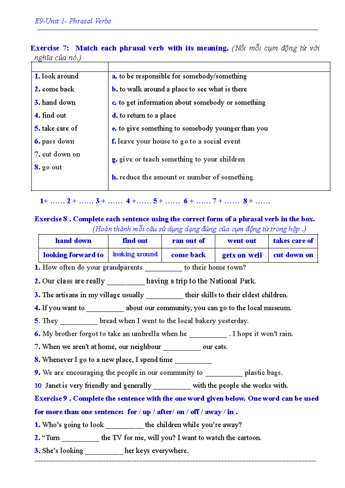 E9 - Unit 1: Phrasal Verbs Exercises and Answers - Studocu