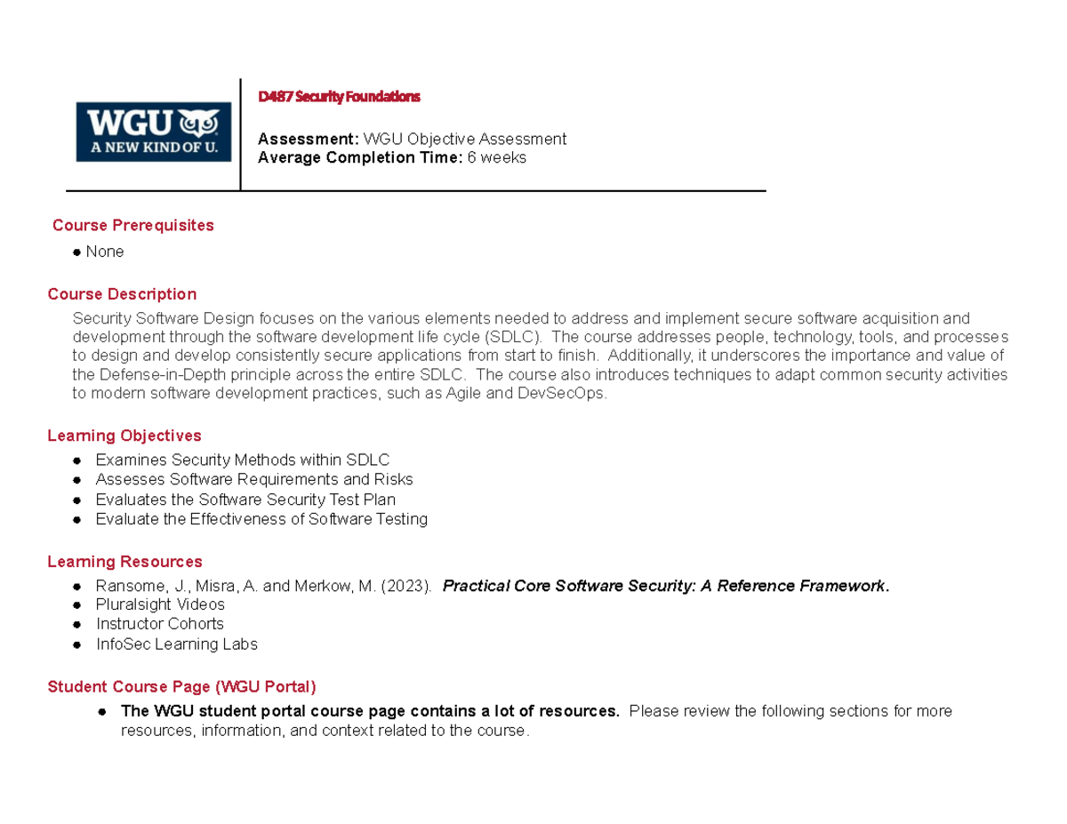 D487 Secure Software Development Syllabus and Assessment Guide - Studocu