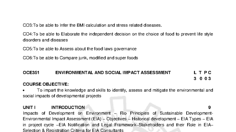OCE351: ESIA Syllabus - Environmental & Social Impact Assessment - Studocu