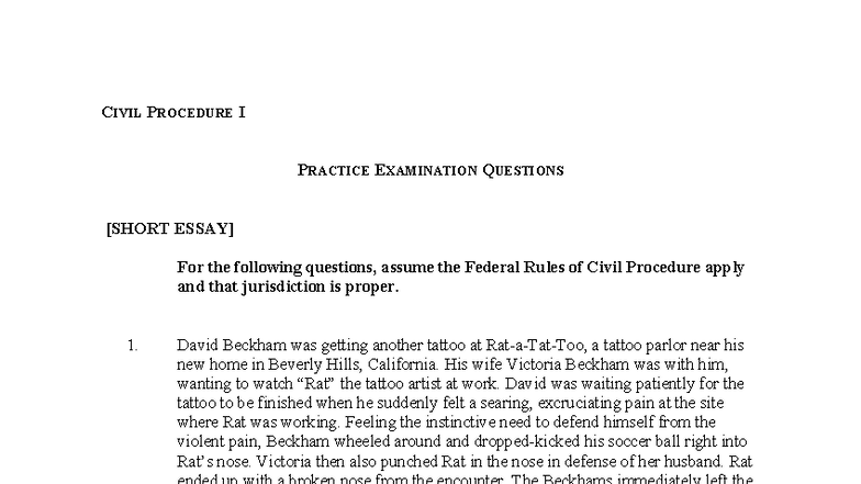 CIVIL PROCEDURE I PRACTICE EXAM QUESTIONS: Key Issues & Analysis - Studocu