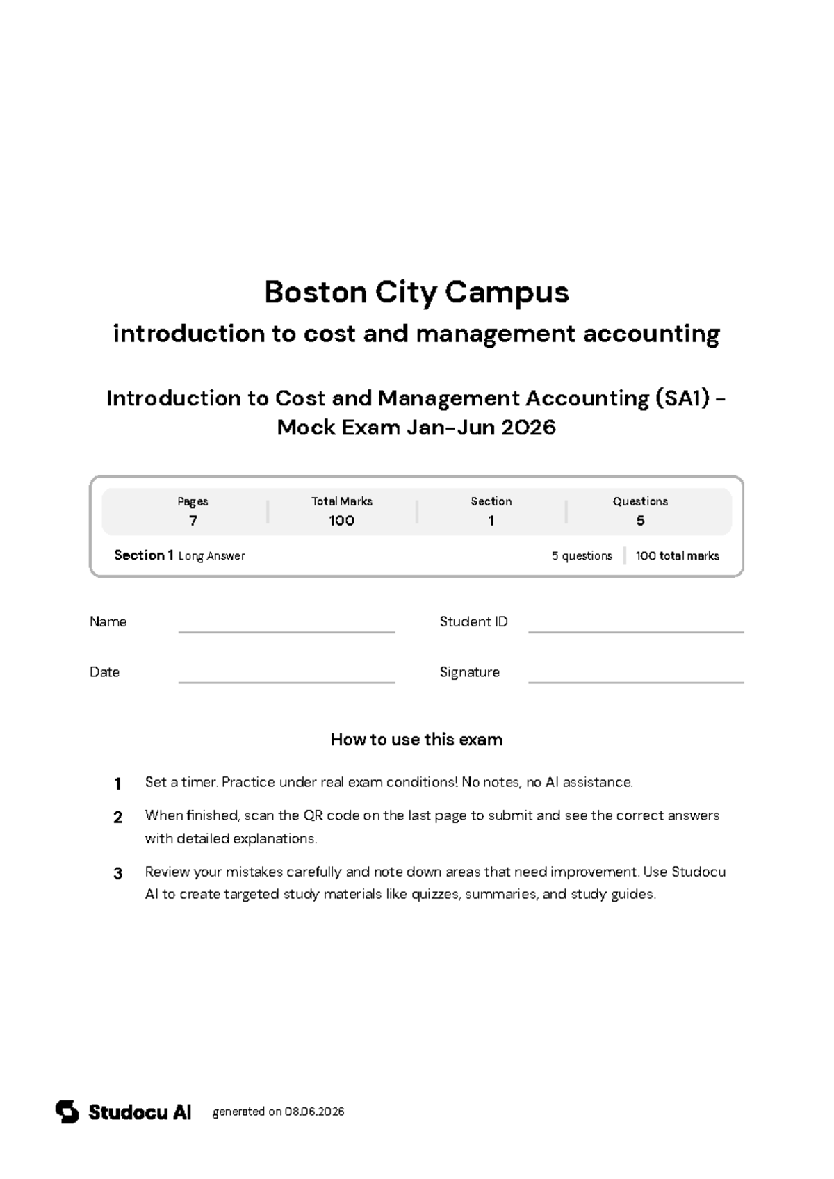 Introduction to Cost and Management Accounting (SA1) - Mock Exam - Studocu