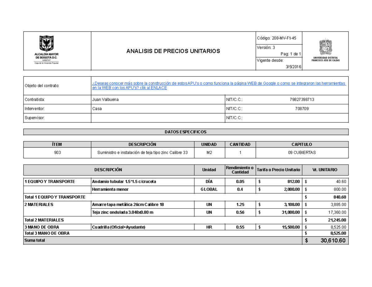 Análisis de Precios Unitarios - APU903 - Vivienda 3 - Studocu
