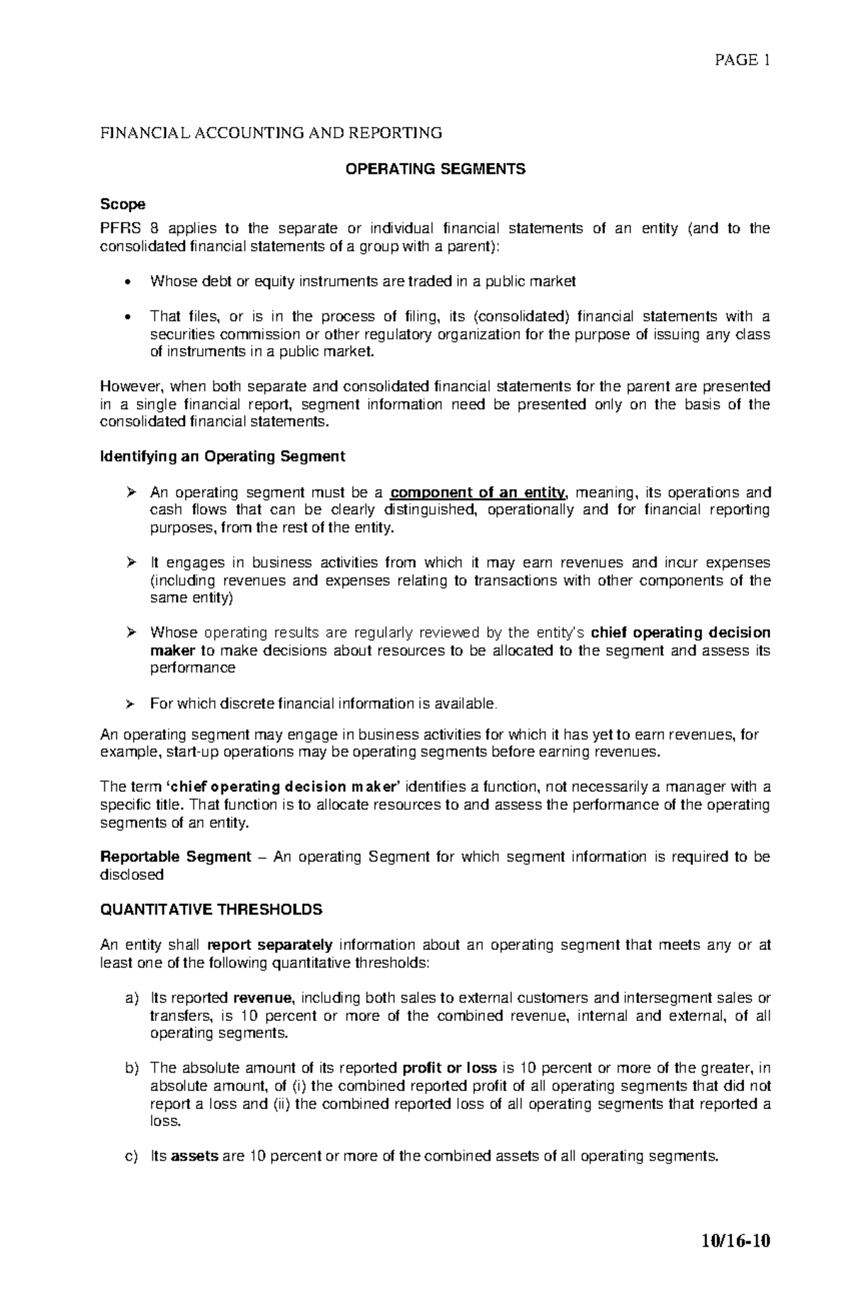 Operating Segments: Financial Accounting & Reporting Overview - Studocu