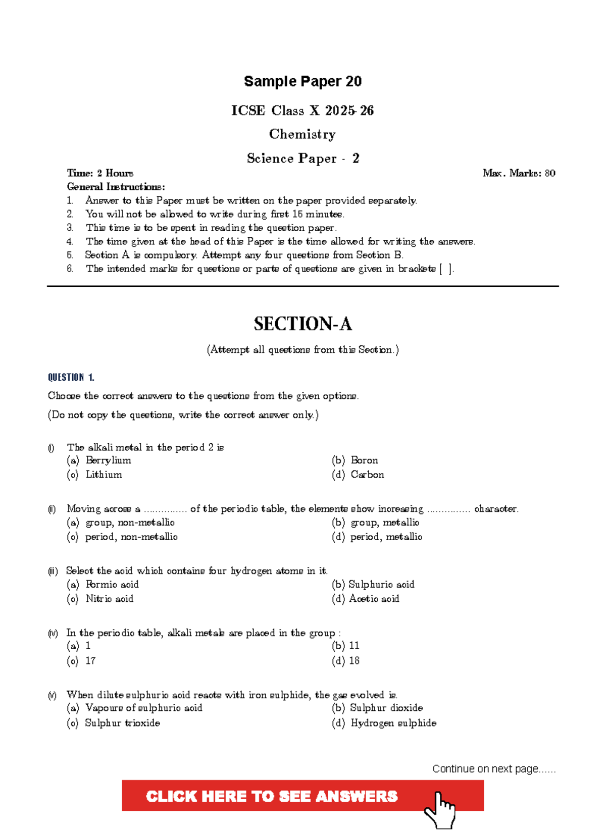 ICSE Class X Chemistry Sample Paper 20 - Exam Prep Guide - Studocu