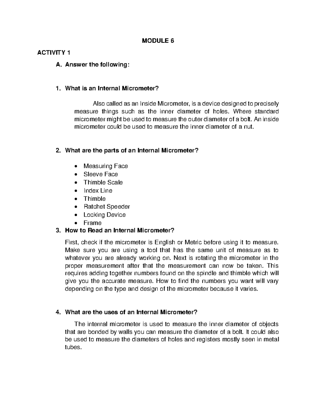 ME Shop 1 Module 6 Activity 1 - MODULE 6 ACTIVITY 1 A. Answer the ...