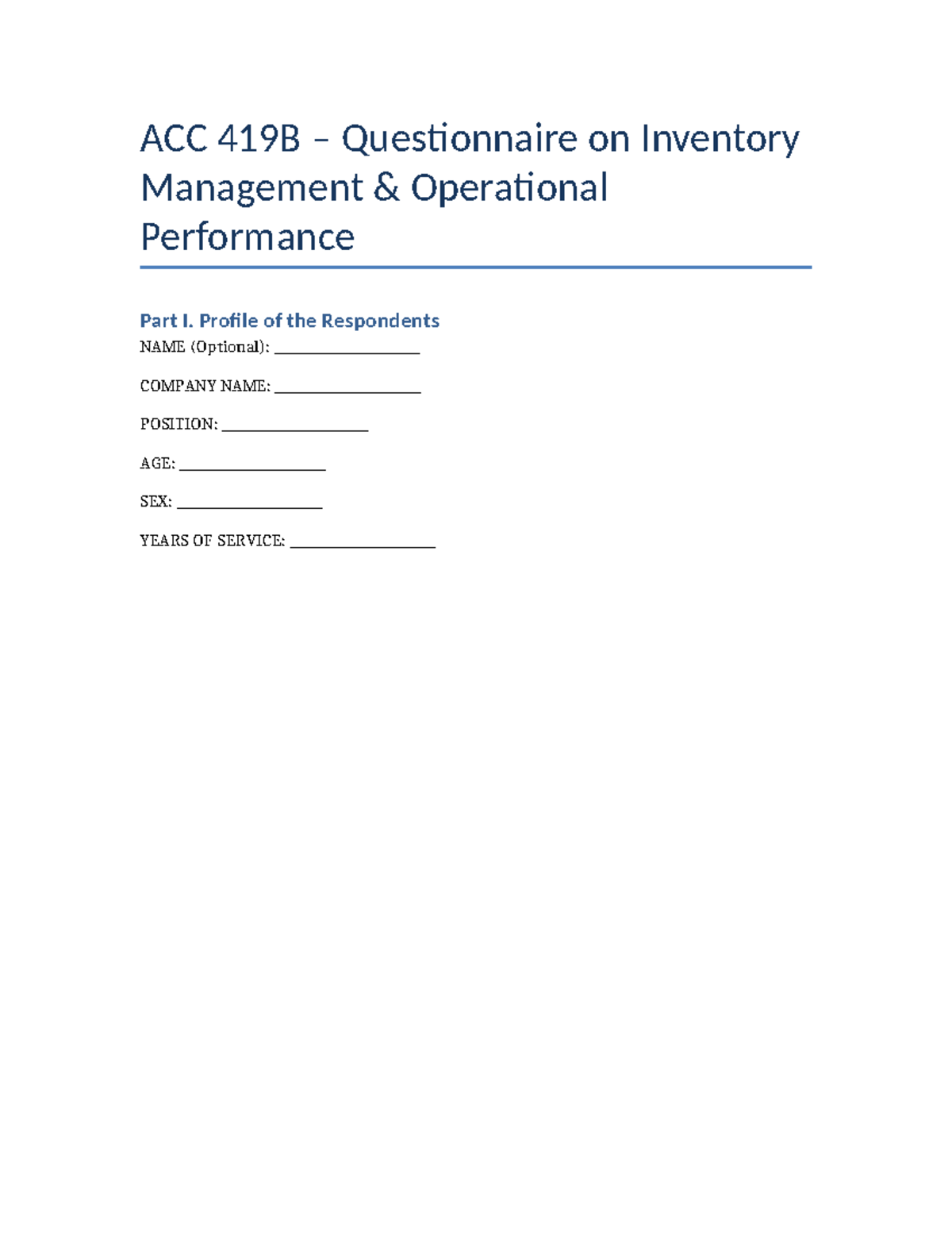 ACC 419B Inventory Management Practices Survey Questionnaire - Document Preview