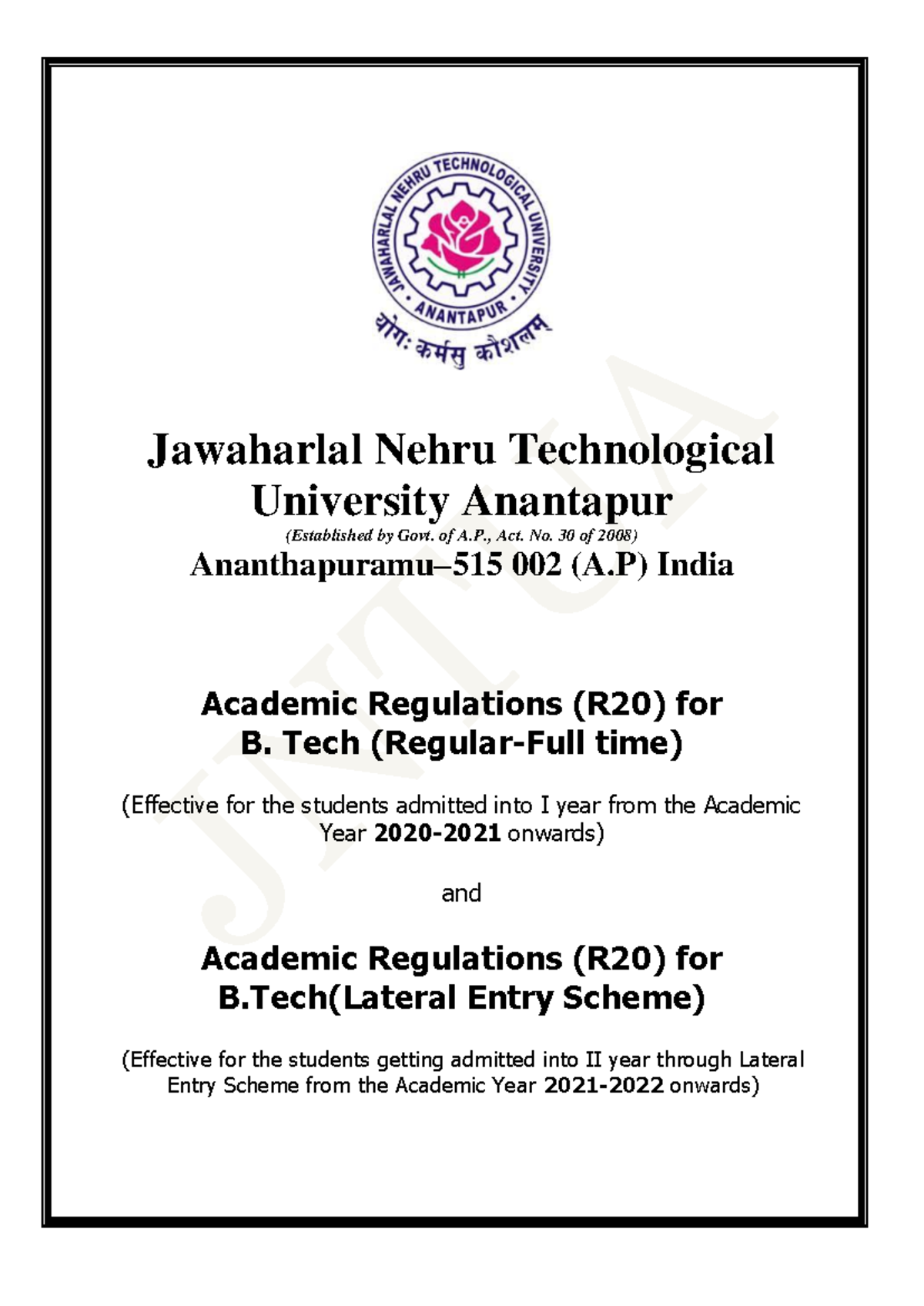 JNTUA B.Tech R20 Academic Regulations & Updates for Students - Studocu