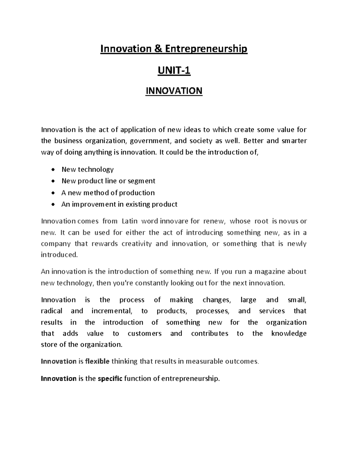 Innovation and Creativity in Entrepreneurship: Unit 1 Overview - Studocu