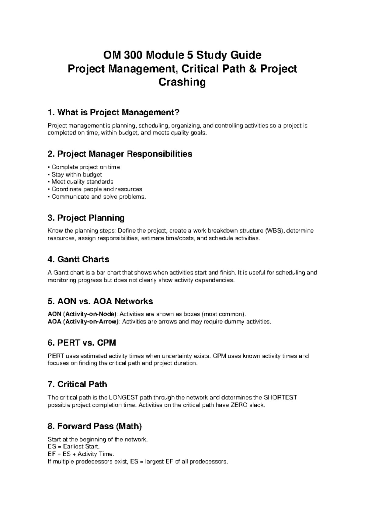OM 300 Module 5 Study Guide: Project Management & Critical Path - Studocu