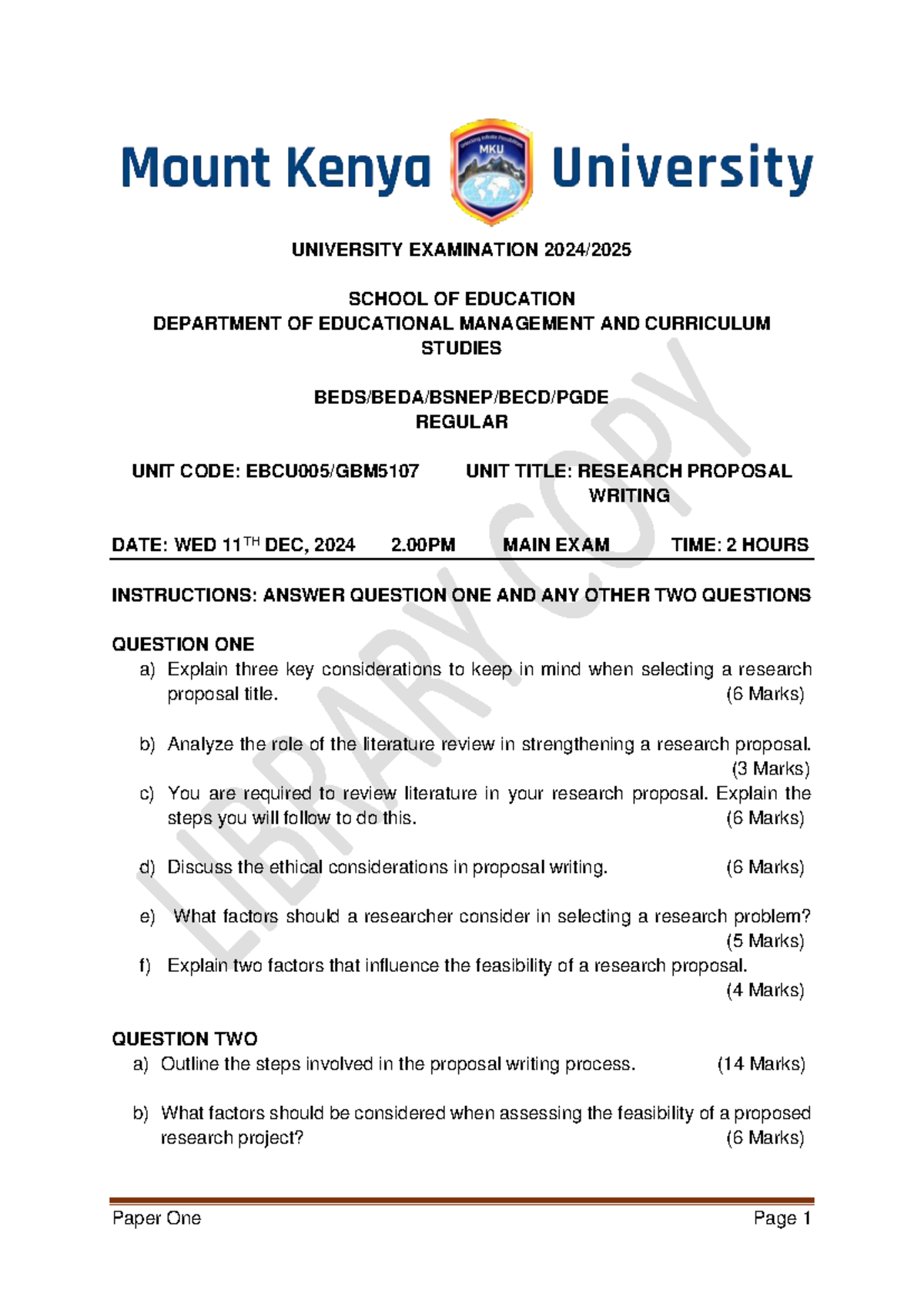 EBCU005 Research Proposal Writing Exam Guide - Studocu