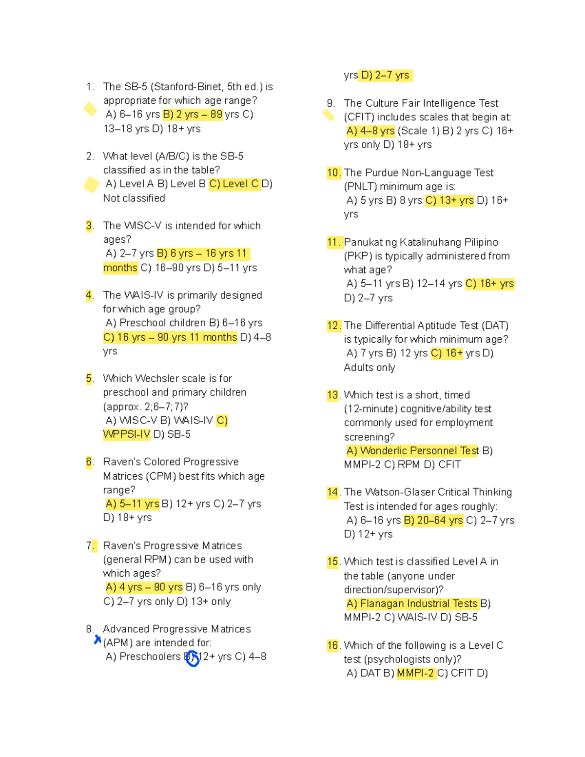 Test Assessment Table for Age Appropriateness and Classification - Studocu