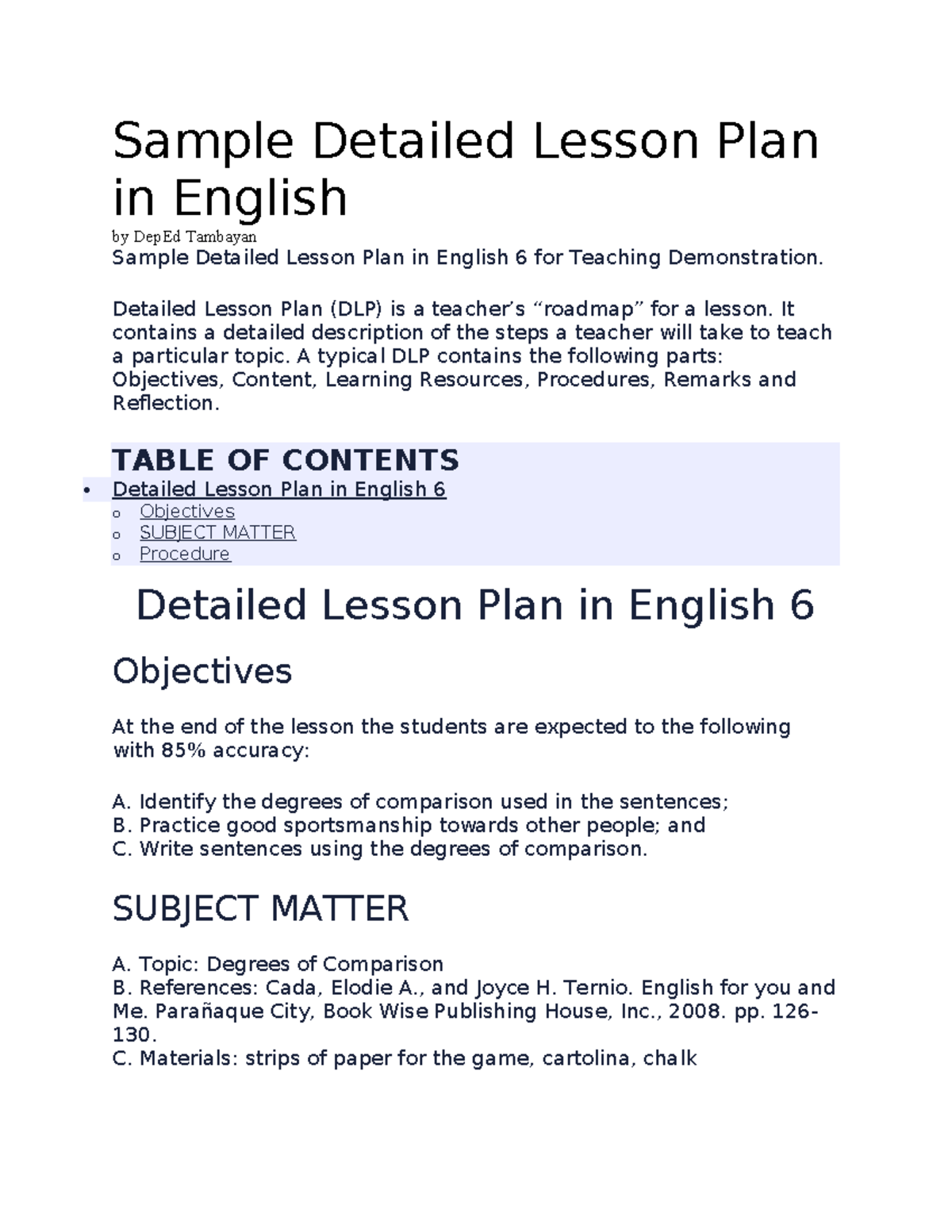 Sample Detailed Lesson Plan: Teaching Degrees of Comparison in English ...