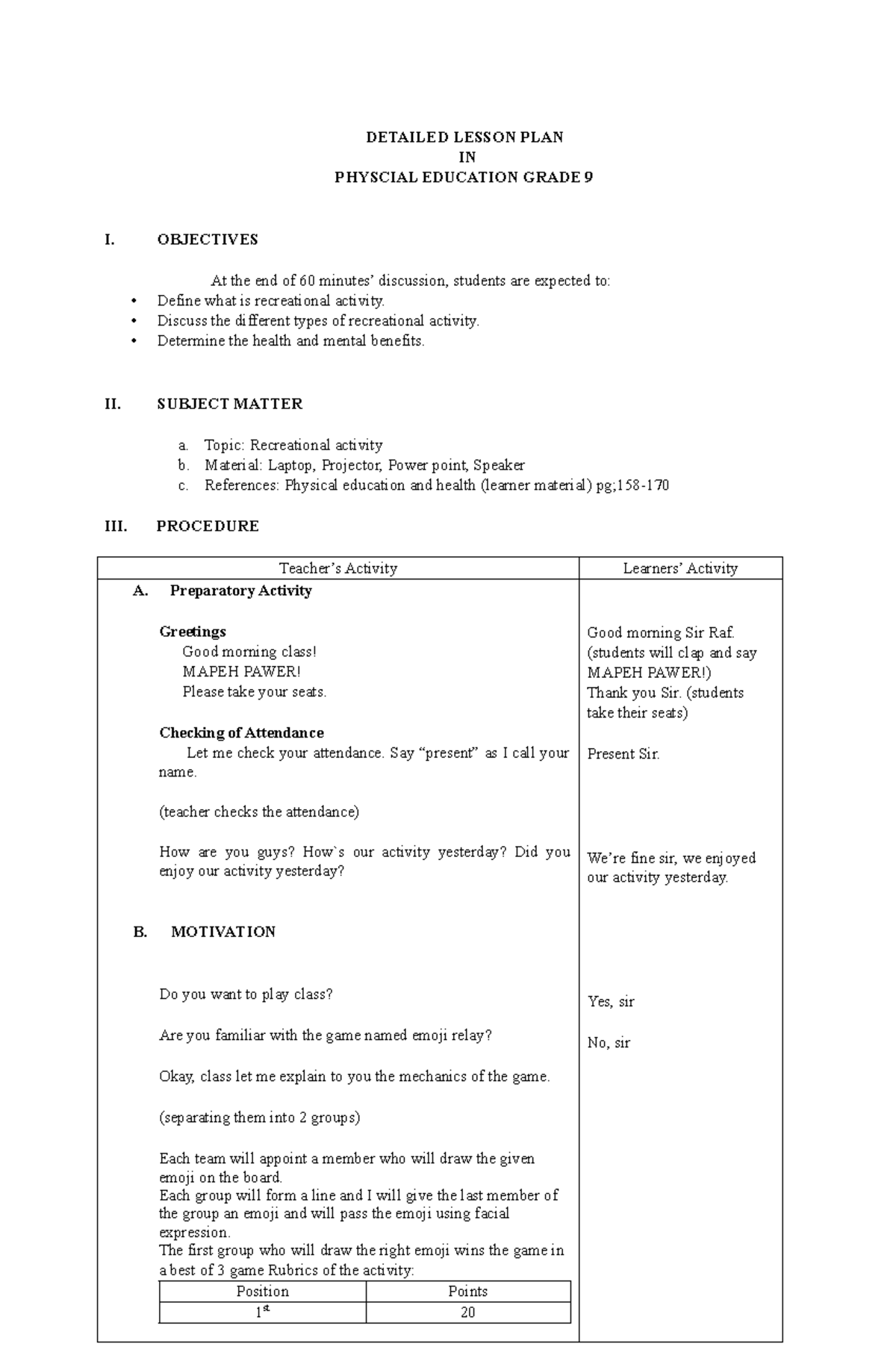 DLP 4TH - Detailed Lesson Plan on Recreational Activities for Grade 9 ...