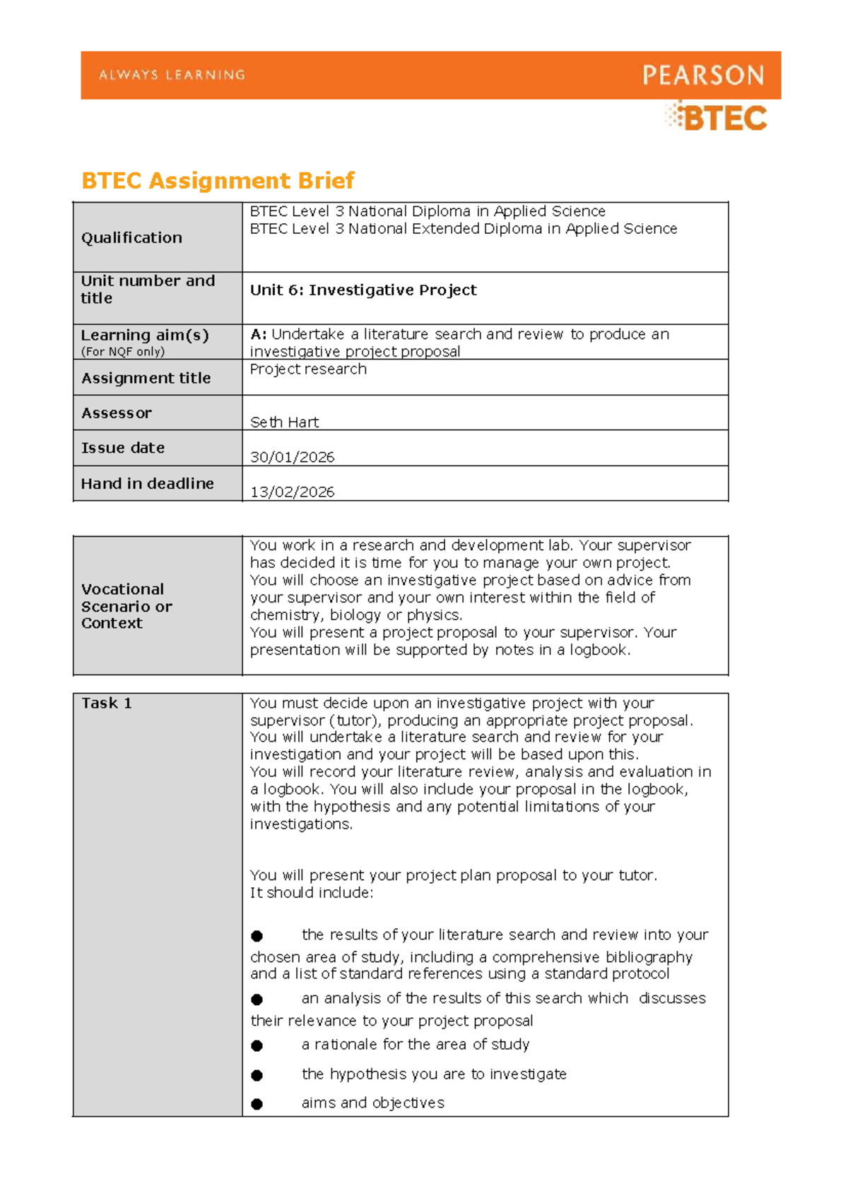 BTEC Level 3 Unit 6 Assignment Brief: Investigative Project Proposal ...