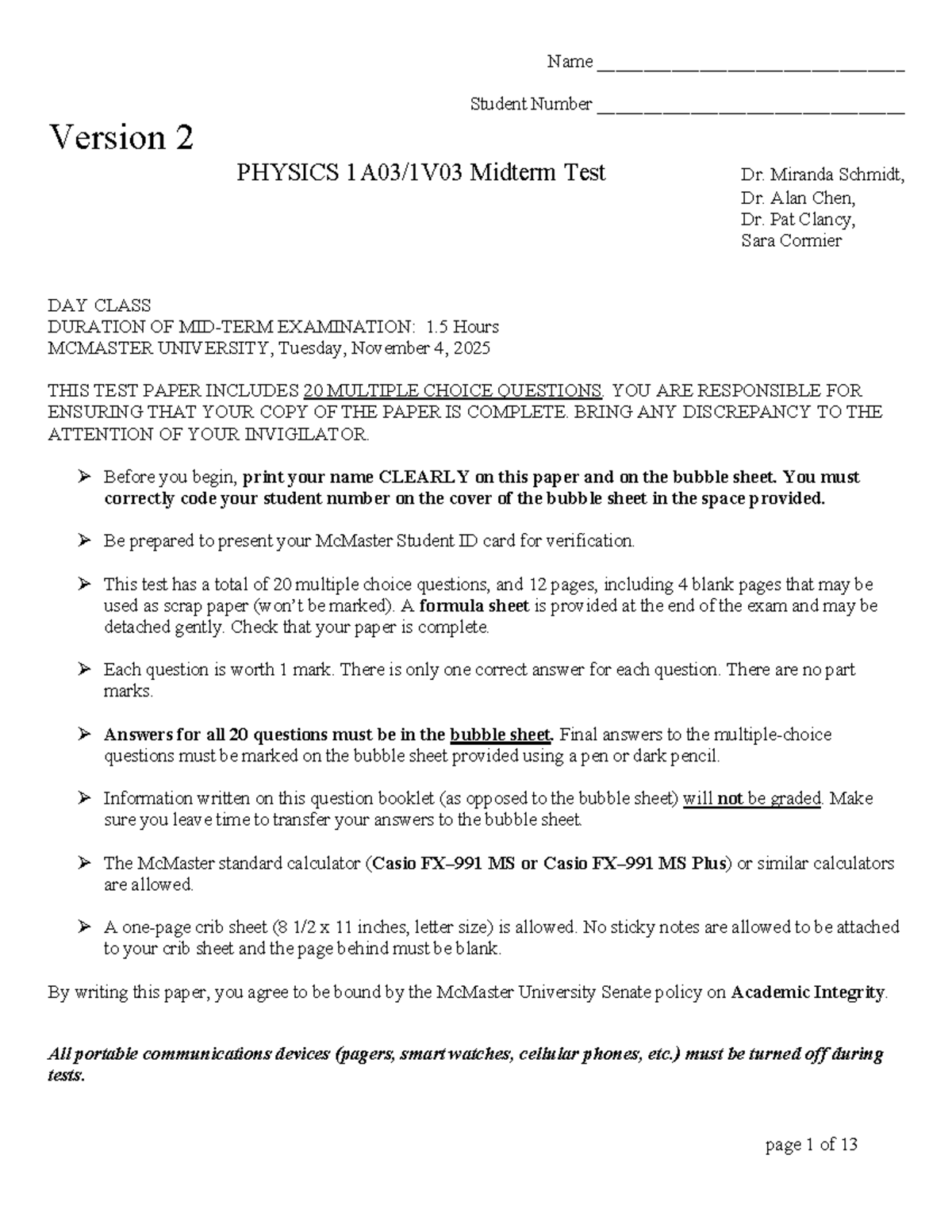 Physics 1A 1V Midterm Test V2 F25 Answers and Solutions - Studocu