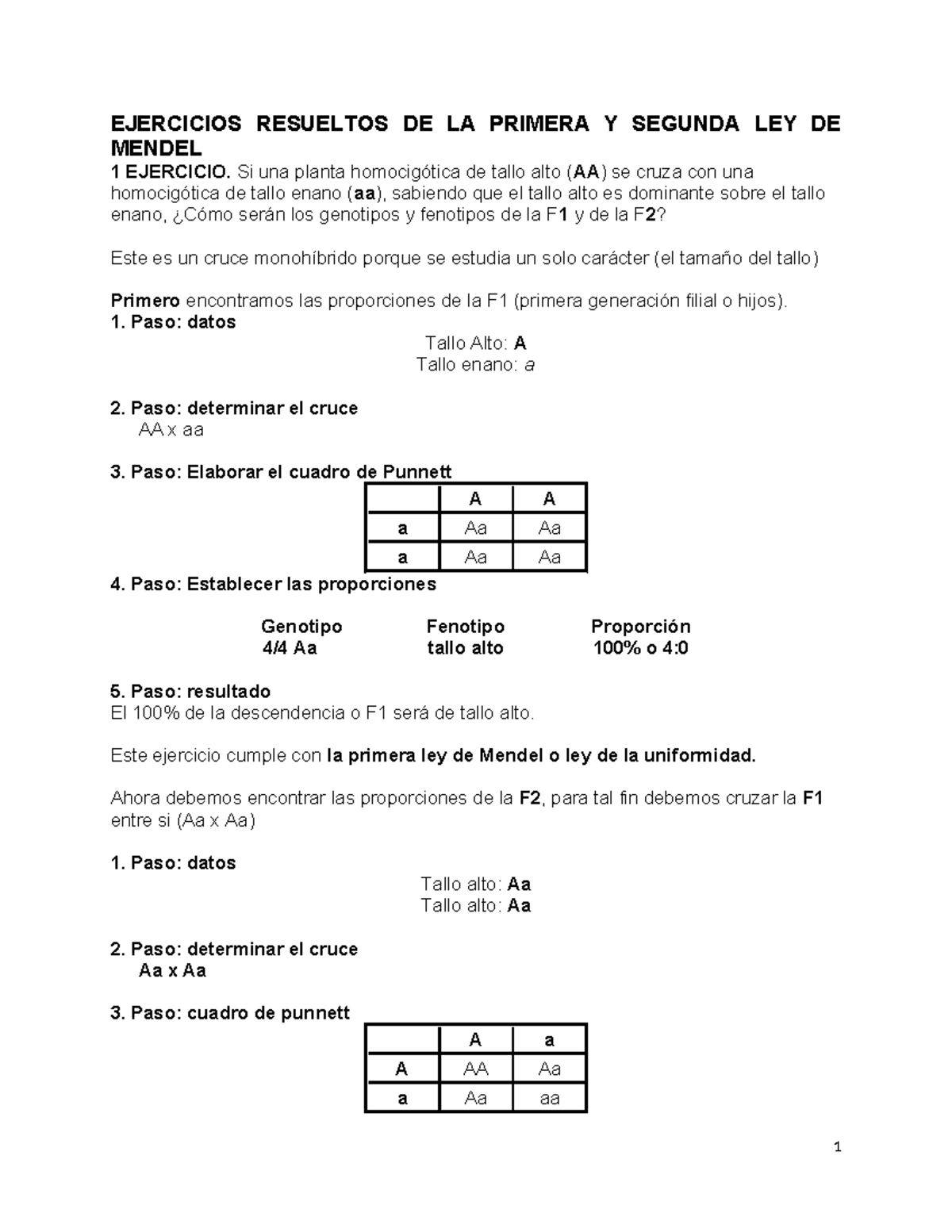 Ejercicios Resueltos de la 1ª y 2ª Ley de Mendel - Biología 101 - Studocu, image size:1200x1553