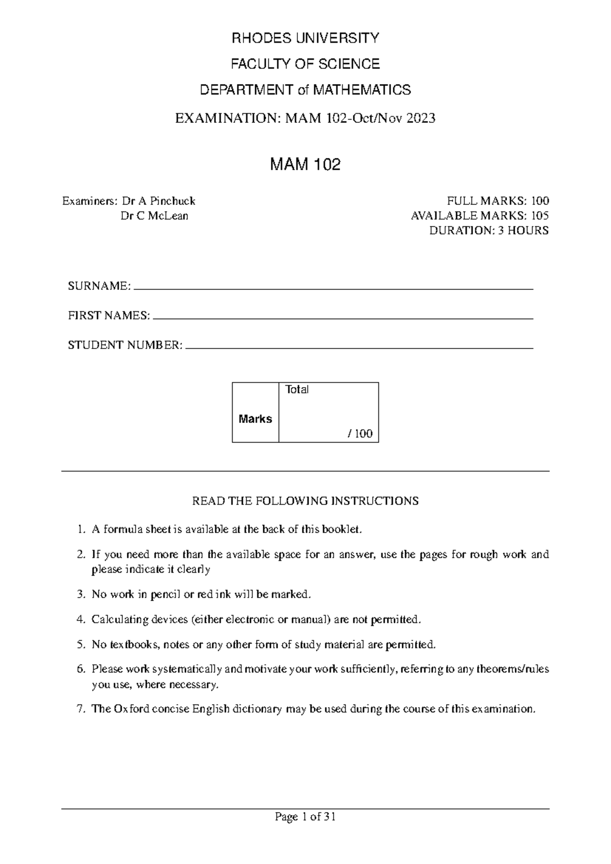 MAM 102 Examination 2023 - Full Marks: 100, Duration: 3 Hours - Studocu