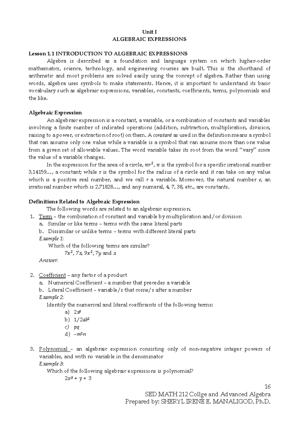 SED MATH 212 Lesson 1: Introduction to Algebraic Expressions - Studocu