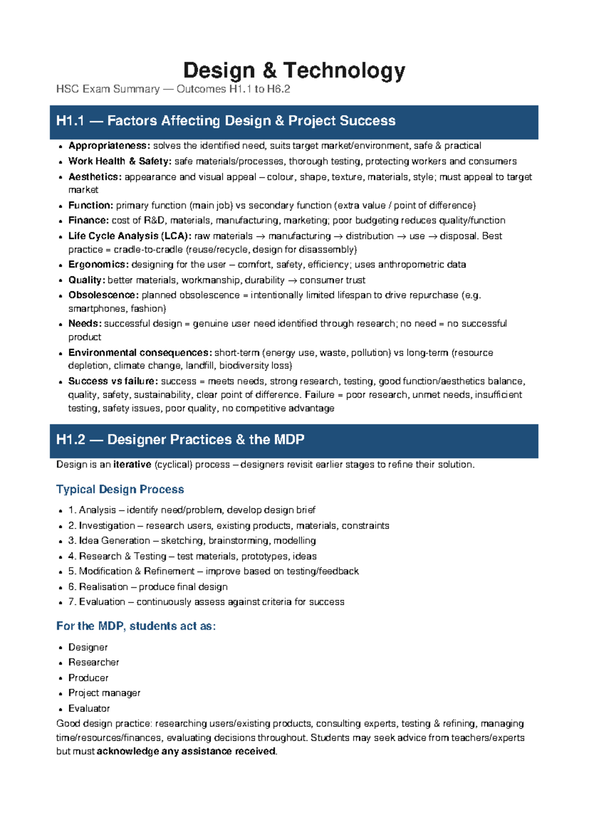 DT HSC Exam Summary: Key Outcomes H1.1 to H6.2 - Studocu