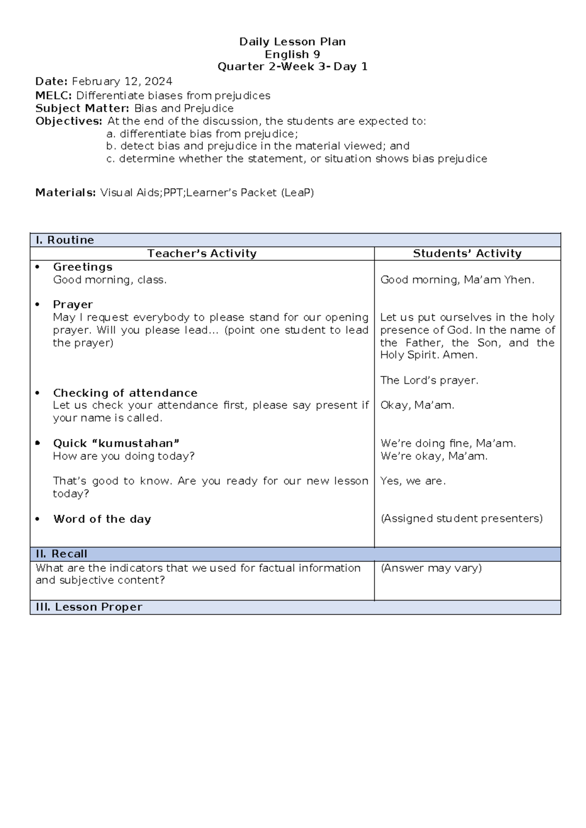 DLL Q3 W3 ENG9 - Daily Lesson Plan on Bias and Prejudice - Studocu