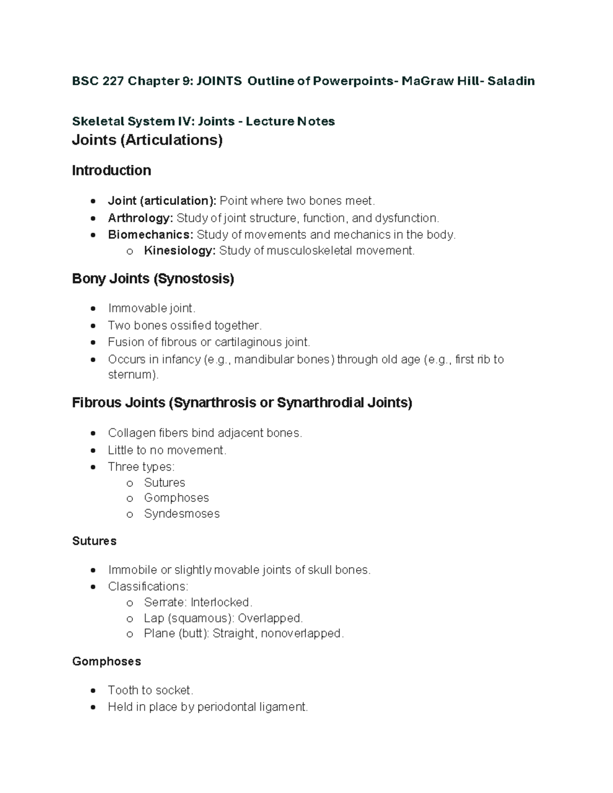 BSC 227 Chapter 9: Joints - Comprehensive Lecture Notes & Clinical ...