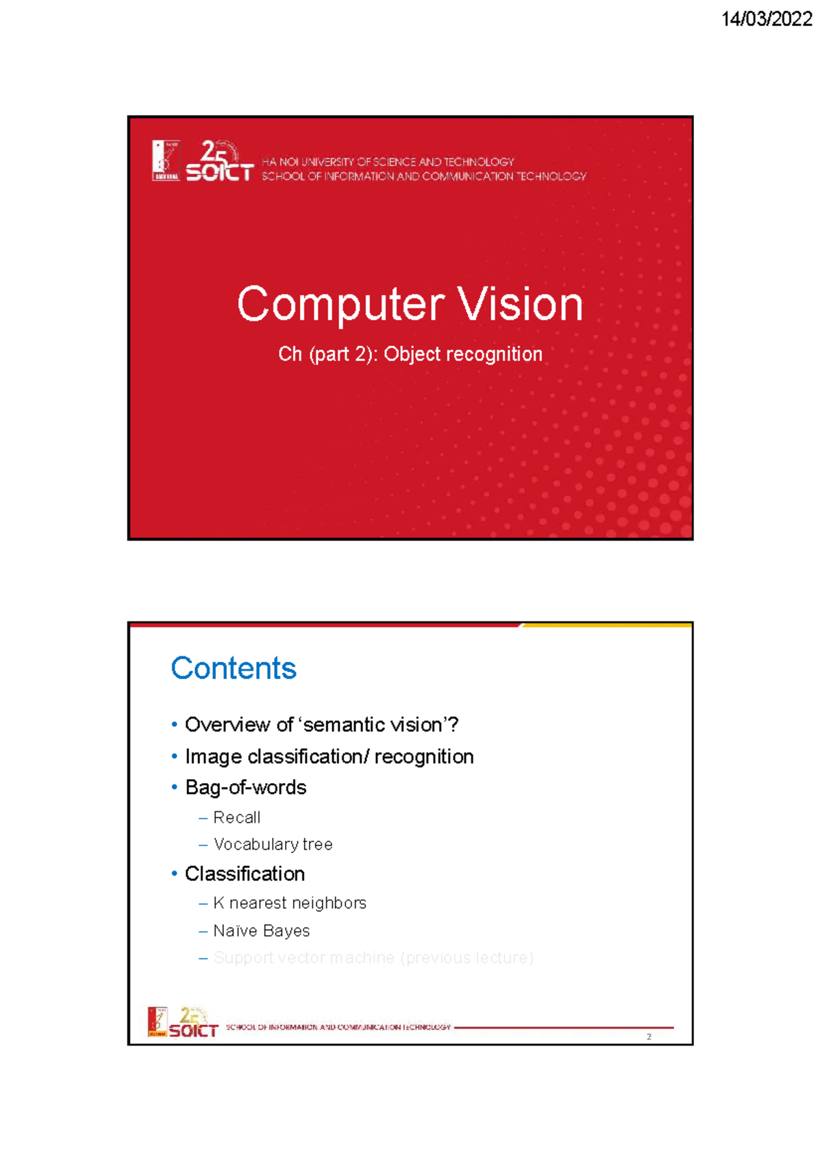 IT4235 Computer Vision Ch5 Part 2: Object Recognition Overview - Studocu