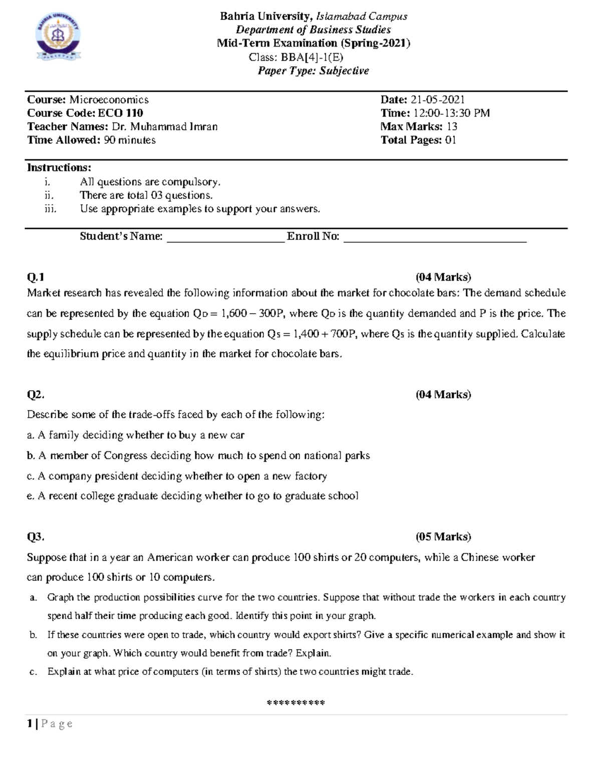 ECO 110 Midterm Exam Paper: Microeconomics Spring 2021 Notes - Studocu