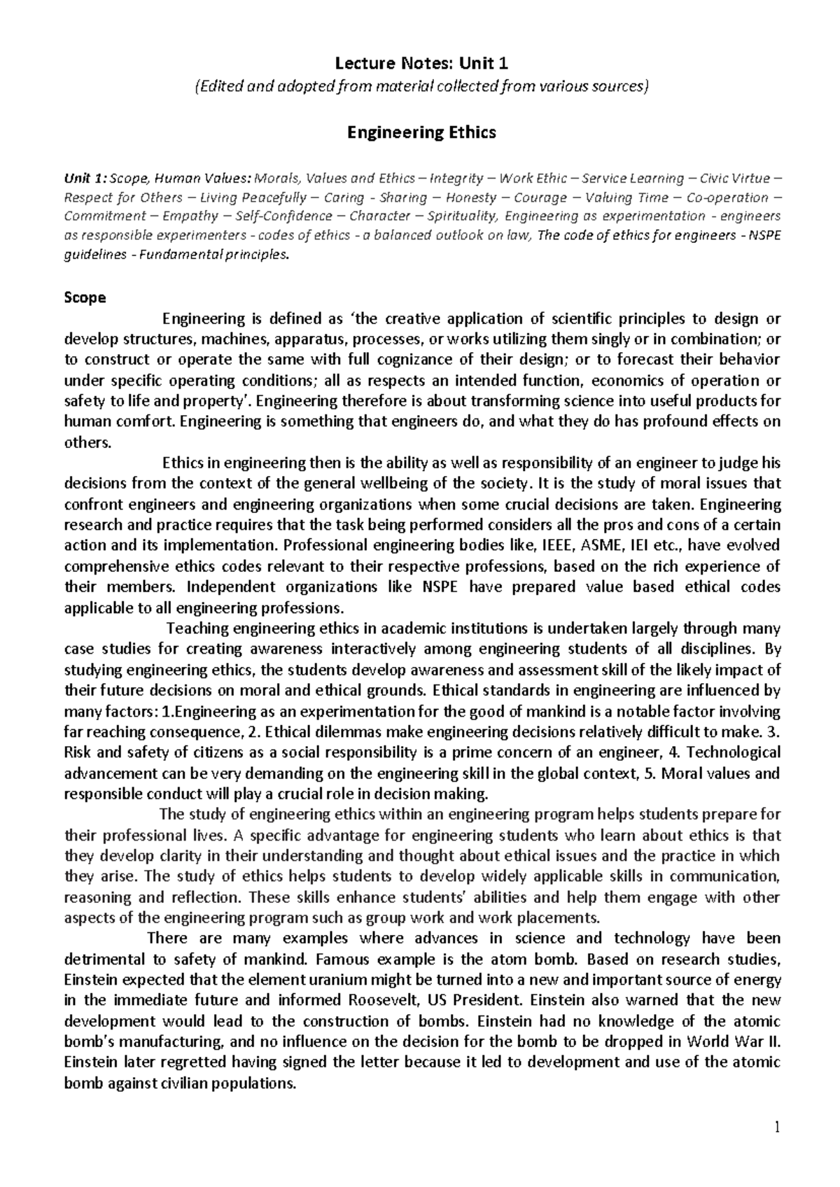Engineering Ethics - Lecture Notes: Unit 1 (Edited and adopted from ...