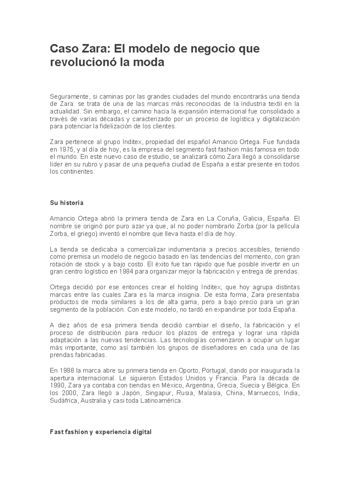Caso de Estudio: Análisis del Modelo de Negocio de Zara (Cód. 2023 ...