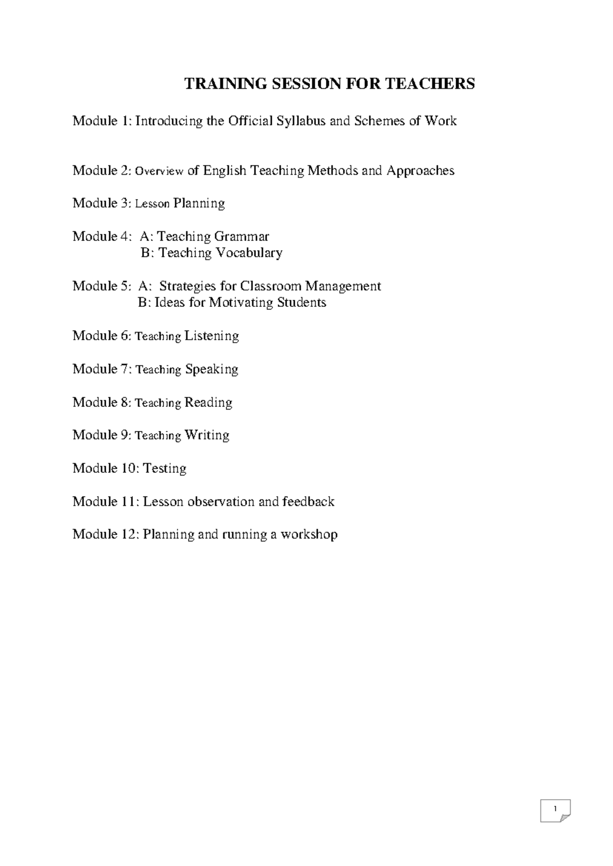 TRAINING SESSION FOR TEACHERS: Modules Overview and Lesson Planning ...