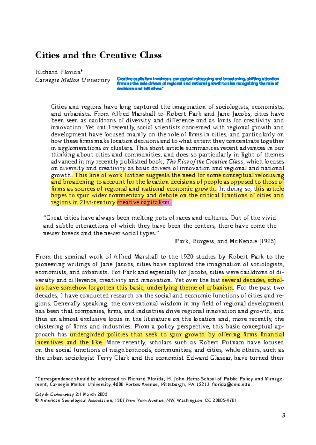CITIES AND THE CREATIVE CLASS: Insights from Richard Florida's Work ...