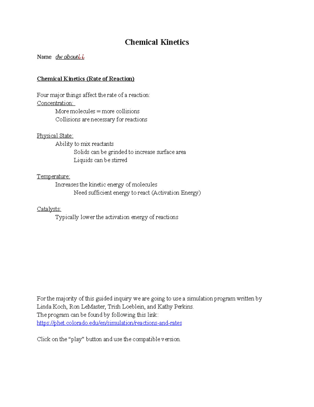 Chemical Kinetics - Lab - Chemical Kinetics Name dw about¿ ¿ Chemical ...