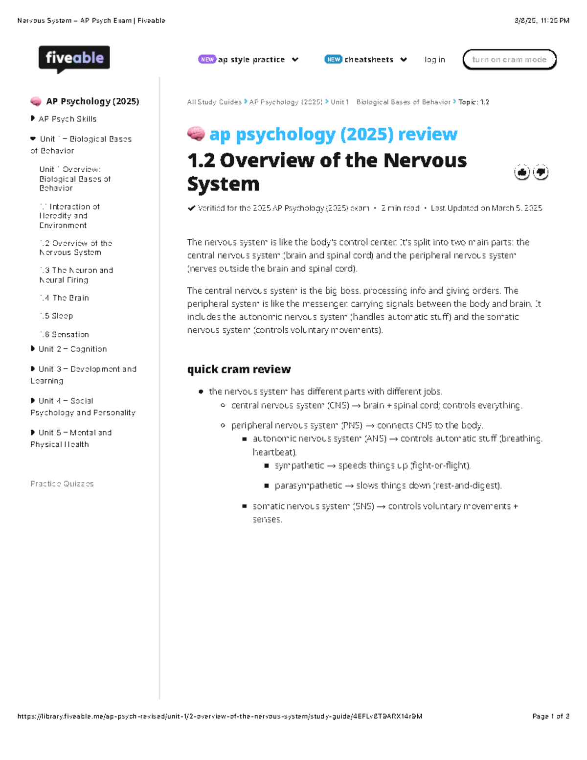 1.2 Nervous System Overview - AP Psychology (2025) Exam Guide - Studocu