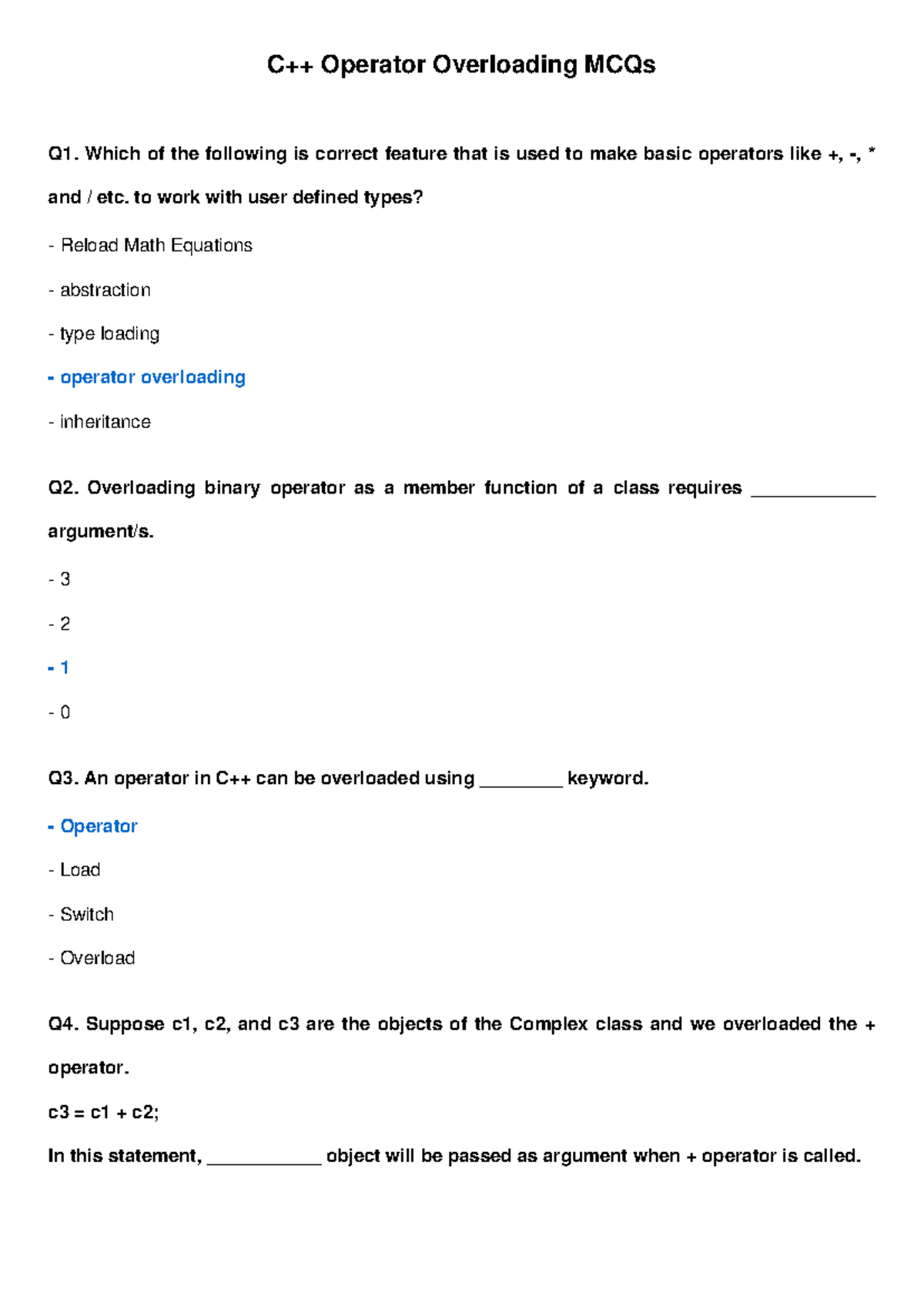 CS304P Lab Quiz 06: Operator Overloading MCQs - Studocu