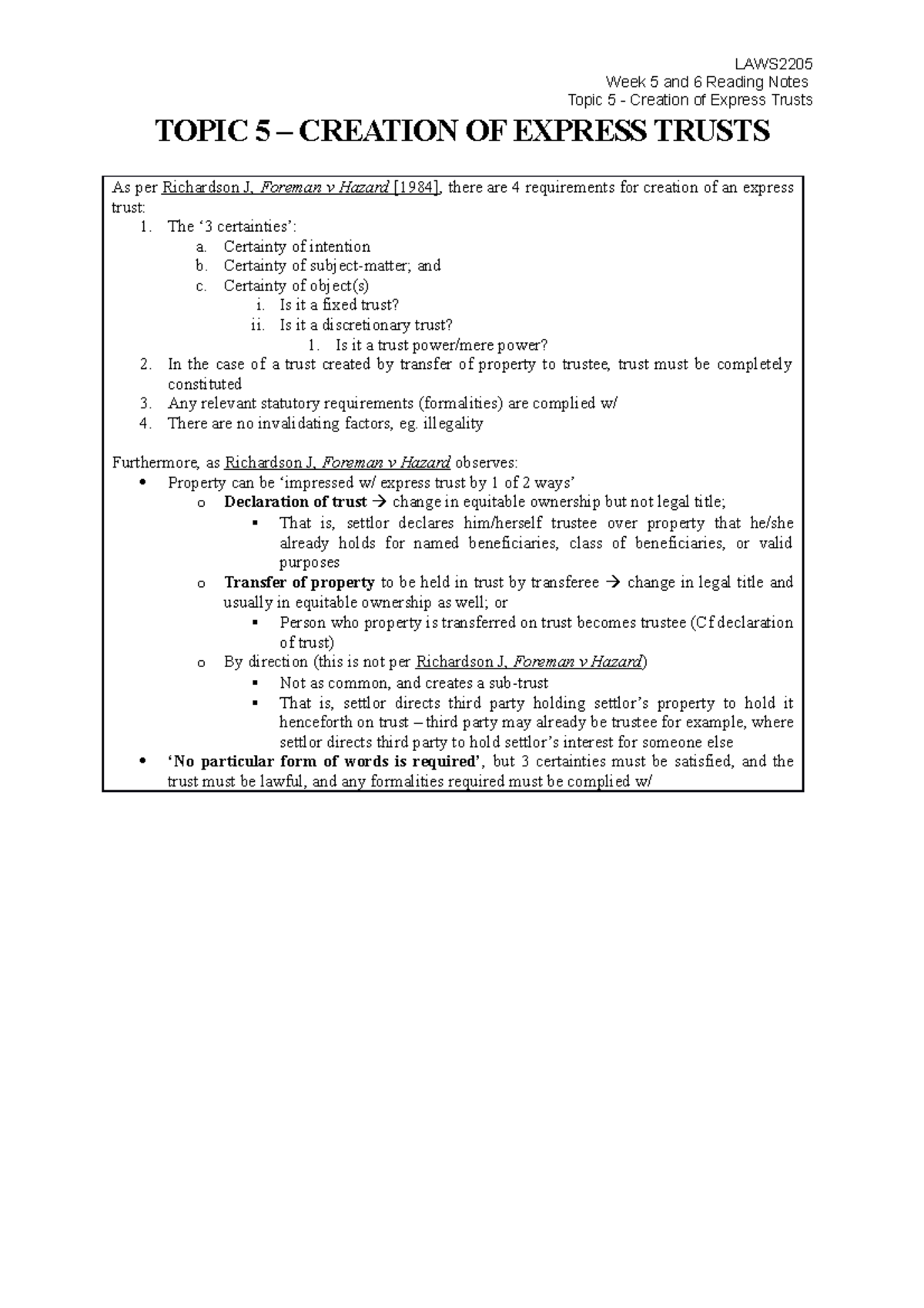 LAWS2205 - Comprehensive Summary on Express Trust Creation - Studocu
