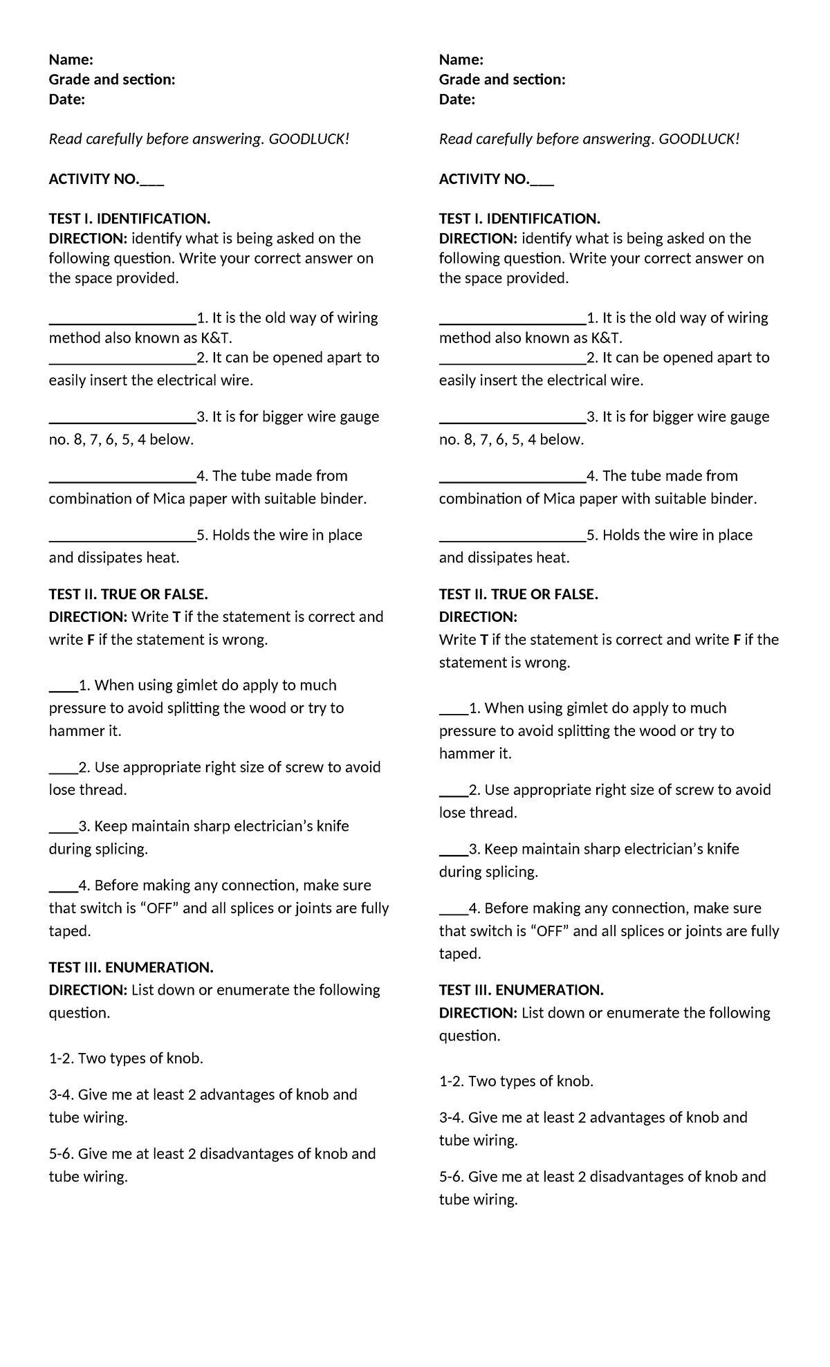 EIM Activity: Wiring Methods Identification and True/False Quiz - Studocu