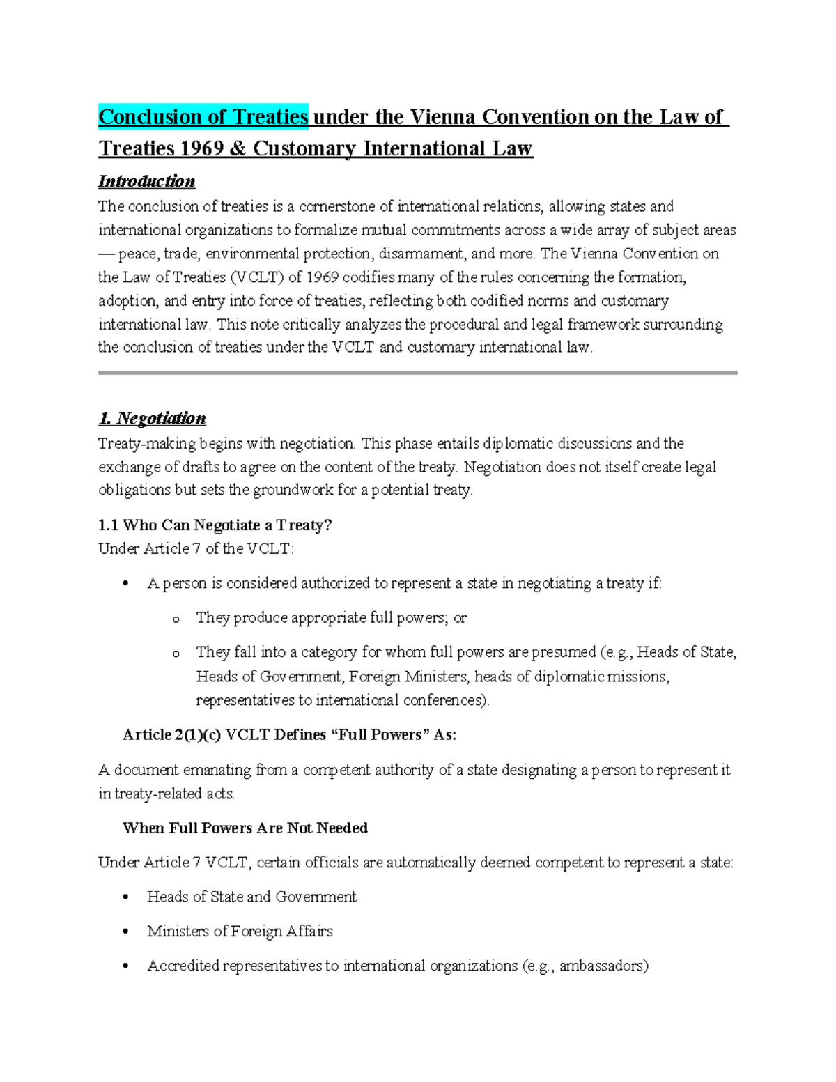 Conclusion of Treaties: VCLT 1969 and Customary International Law - Studocu
